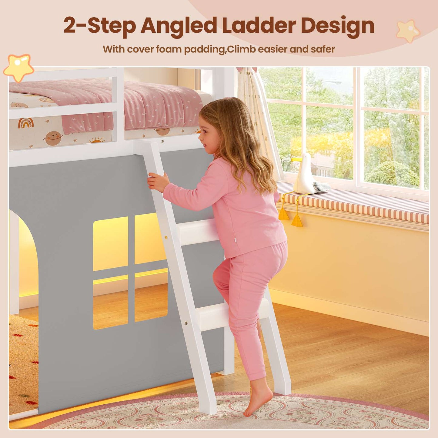 ADORNEVE Loft Bed Twin Size with Bookcase and Tent Metal Kids Loft Bed with 5 Storage Drawers LED Lights and Safety Guardrail