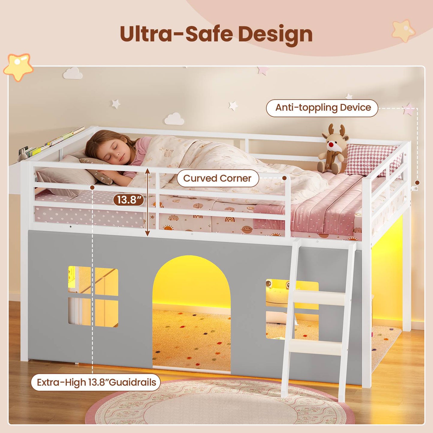 ADORNEVE Loft Bed Twin Size with Bookcase and Tent Metal Kids Loft Bed with 5 Storage Drawers LED Lights and Safety Guardrail