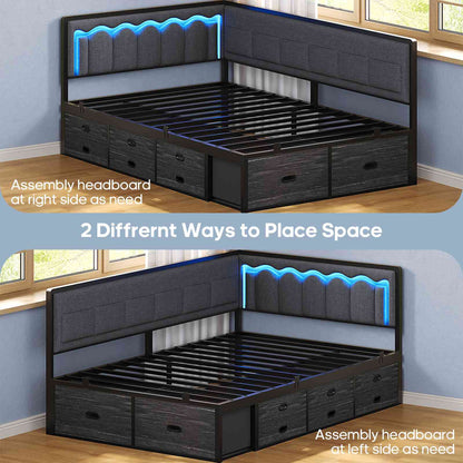 ADORNEVE Corner Bed Frame Twin size with 8 Drawers and 6 Storage Pockets Kids Daybed with RGB Wave Lights and L-Shaped Upholstered Guardrail