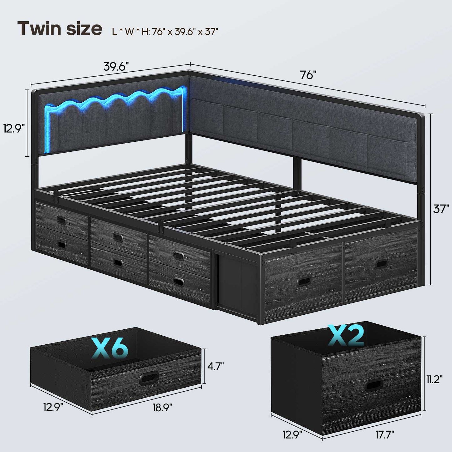 ADORNEVE Corner Bed Frame Twin size with 8 Drawers and 6 Storage Pockets Kids Daybed with RGB Wave Lights and L-Shaped Upholstered Guardrail