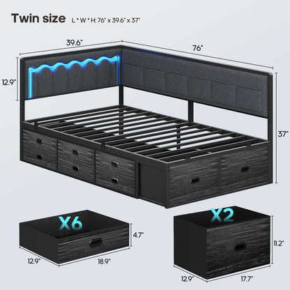 ADORNEVE Corner Bed Frame Twin size with 8 Drawers and 6 Storage Pockets Kids Daybed with RGB Wave Lights and L-Shaped Upholstered Guardrail