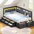 ADORNEVE Corner Bed Frame Twin size with 8 Drawers and 6 Storage Pockets Kids Daybed with RGB Wave Lights and L-Shaped Upholstered Guardrail