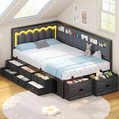 ADORNEVE Corner Bed Frame Twin size with 8 Drawers and 6 Storage Pockets Kids Daybed with RGB Wave Lights and L-Shaped Upholstered Guardrail