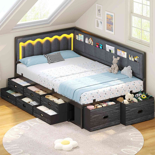 ADORNEVE Corner Bed Frame Twin size with 8 Drawers and 6 Storage Pockets Kids Daybed with RGB Wave Lights and L-Shaped Upholstered Guardrail