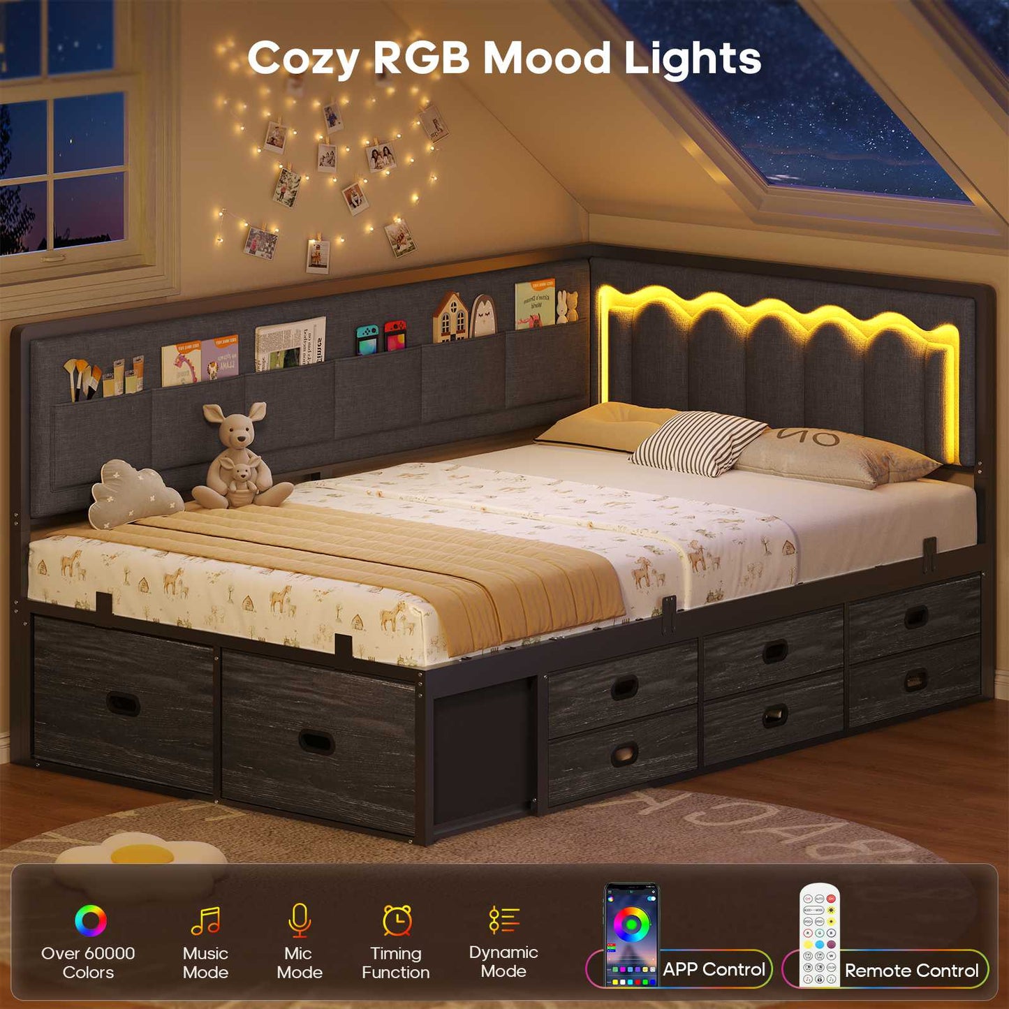 ADORNEVE Corner Bed Frame Twin size with 8 Drawers and 6 Storage Pockets Kids Daybed with RGB Wave Lights and L-Shaped Upholstered Guardrail