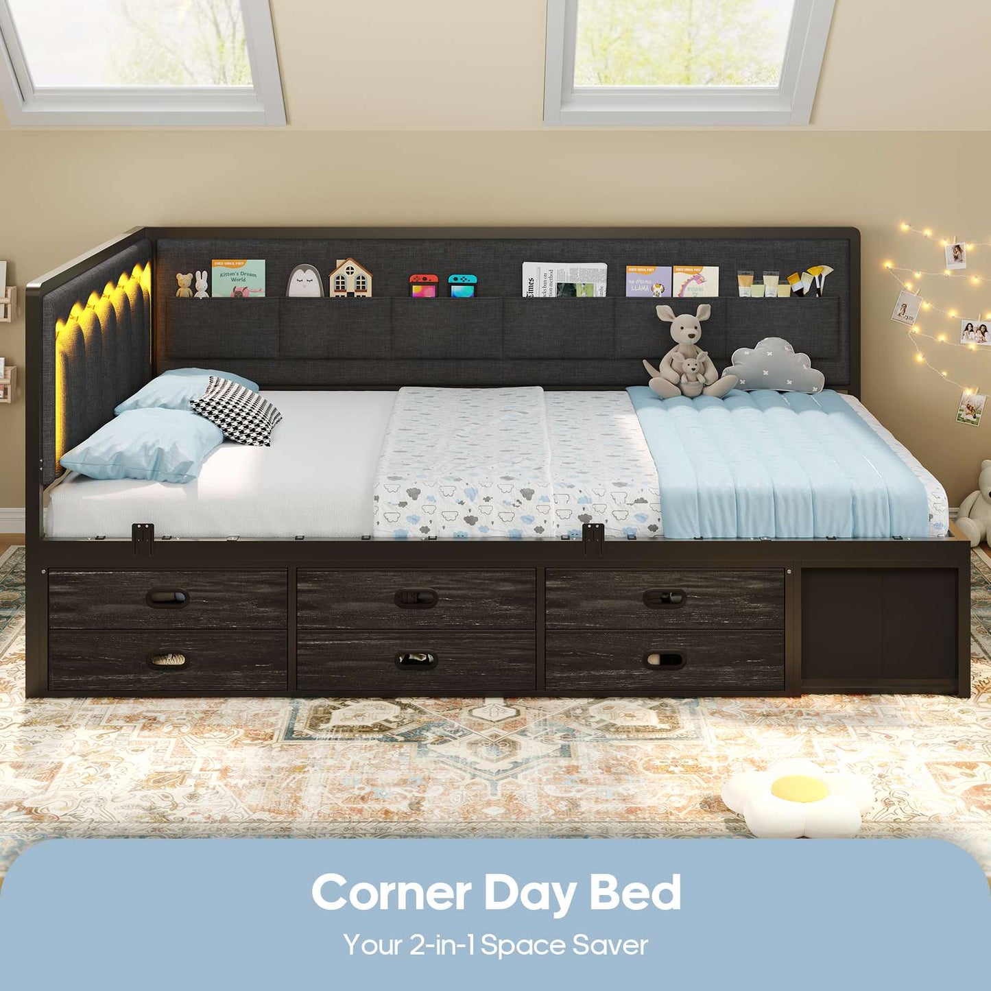 ADORNEVE Corner Bed Frame Twin size with 8 Drawers and 6 Storage Pockets Kids Daybed with RGB Wave Lights and L-Shaped Upholstered Guardrail