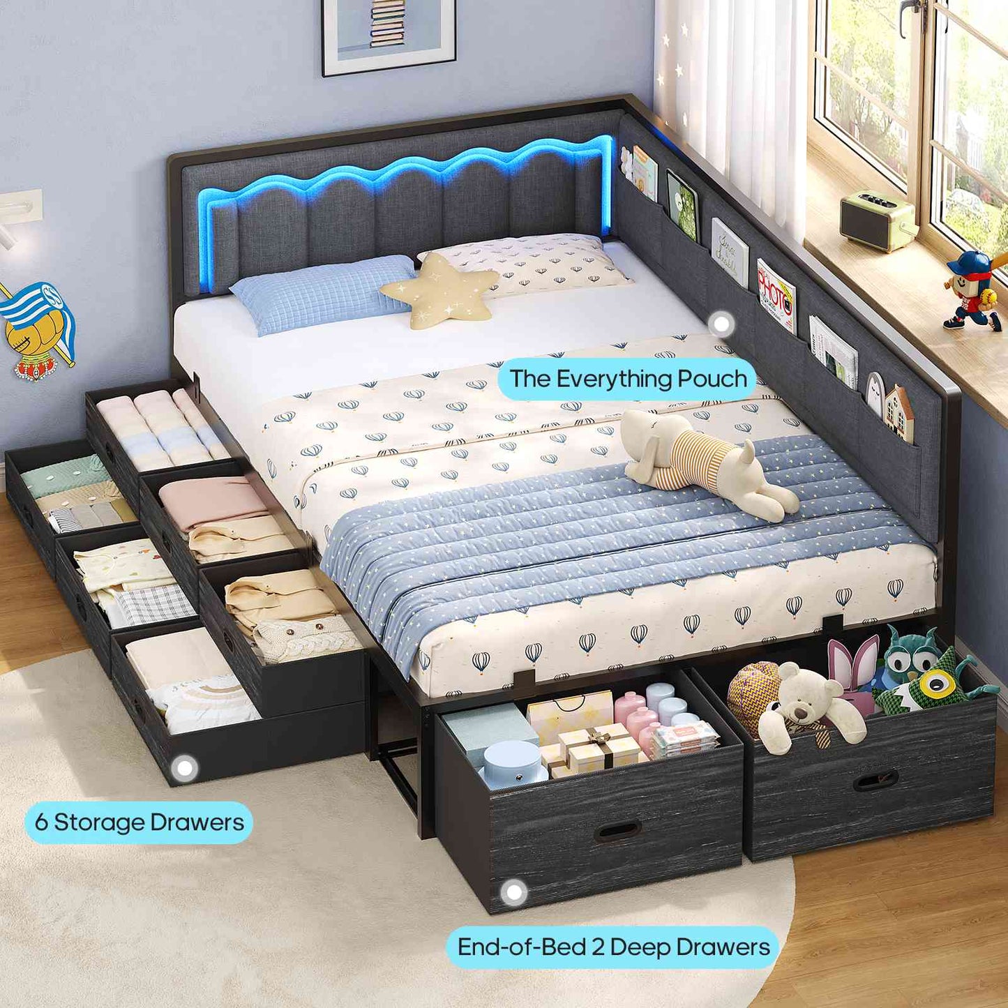 ADORNEVE Corner Bed Frame Twin size with 8 Drawers and 6 Storage Pockets Kids Daybed with RGB Wave Lights and L-Shaped Upholstered Guardrail
