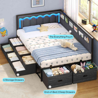 ADORNEVE Corner Bed Frame Twin size with 8 Drawers and 6 Storage Pockets Kids Daybed with RGB Wave Lights and L-Shaped Upholstered Guardrail