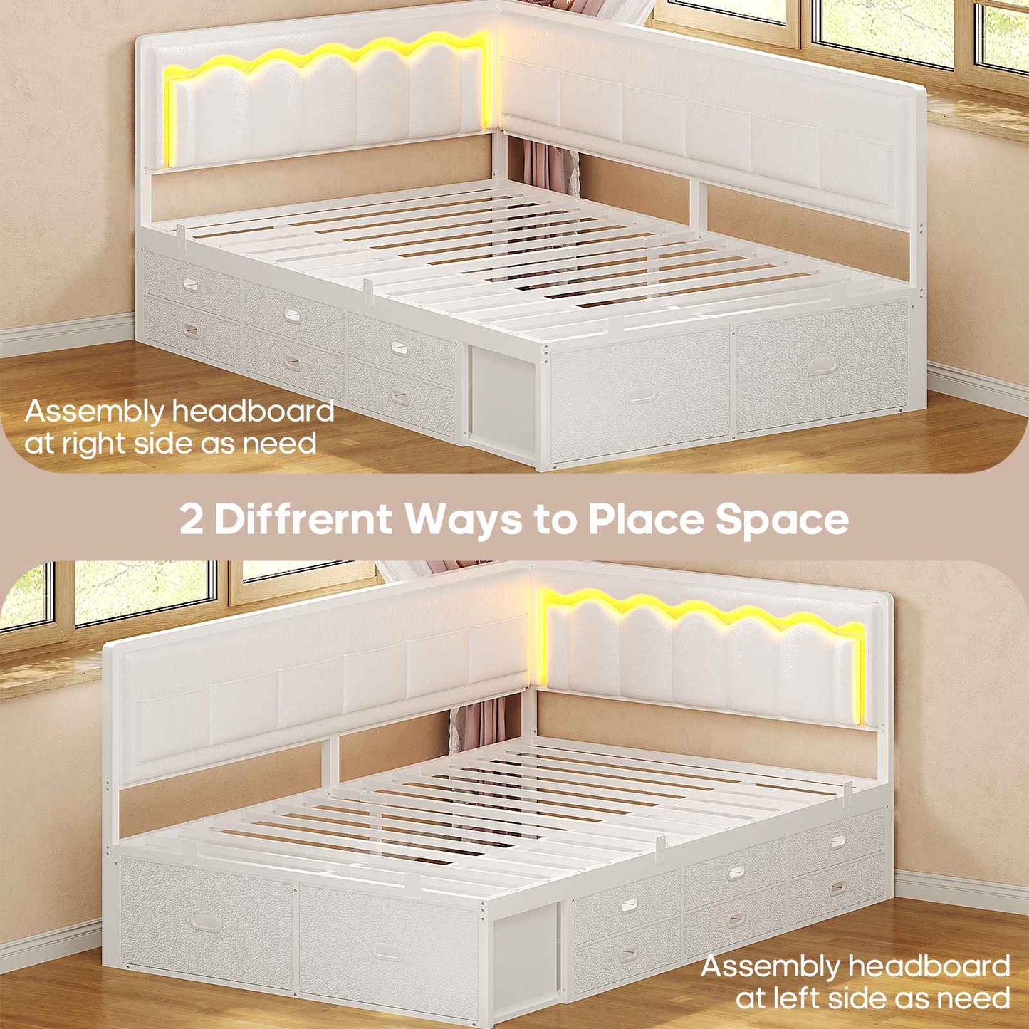 ADORNEVE Corner Bed Frame Twin size with 8 Drawers and 6 Storage Pockets Kids Daybed with RGB Wave Lights and L-Shaped Upholstered Guardrail