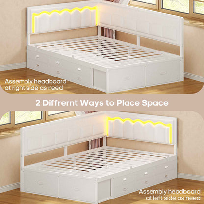 ADORNEVE Corner Bed Frame Twin size with 8 Drawers and 6 Storage Pockets Kids Daybed with RGB Wave Lights and L-Shaped Upholstered Guardrail