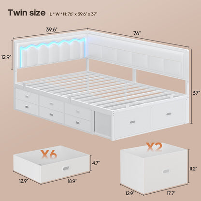 ADORNEVE Corner Bed Frame Twin size with 8 Drawers and 6 Storage Pockets Kids Daybed with RGB Wave Lights and L-Shaped Upholstered Guardrail