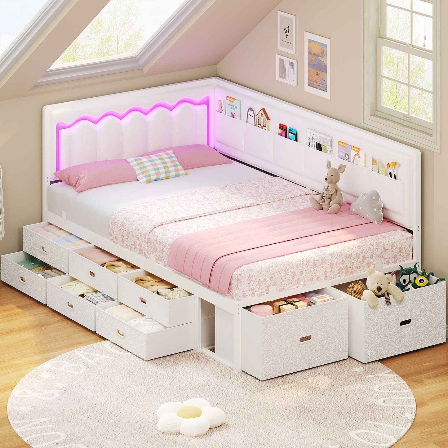 ADORNEVE Corner Bed Frame Twin size with 8 Drawers and 6 Storage Pockets Kids Daybed with RGB Wave Lights and L-Shaped Upholstered Guardrail