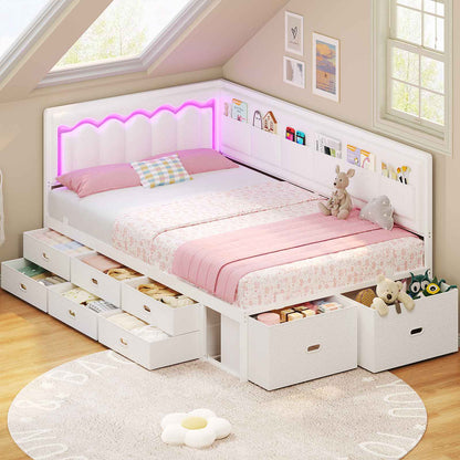 ADORNEVE Corner Bed Frame Twin size with 8 Drawers and 6 Storage Pockets Kids Daybed with RGB Wave Lights and L-Shaped Upholstered Guardrail