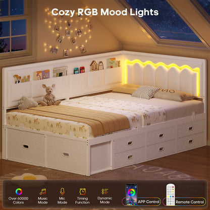 ADORNEVE Corner Bed Frame Twin size with 8 Drawers and 6 Storage Pockets Kids Daybed with RGB Wave Lights and L-Shaped Upholstered Guardrail