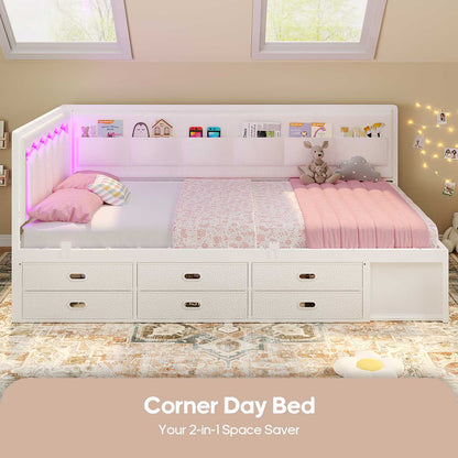 ADORNEVE Corner Bed Frame Twin size with 8 Drawers and 6 Storage Pockets Kids Daybed with RGB Wave Lights and L-Shaped Upholstered Guardrail