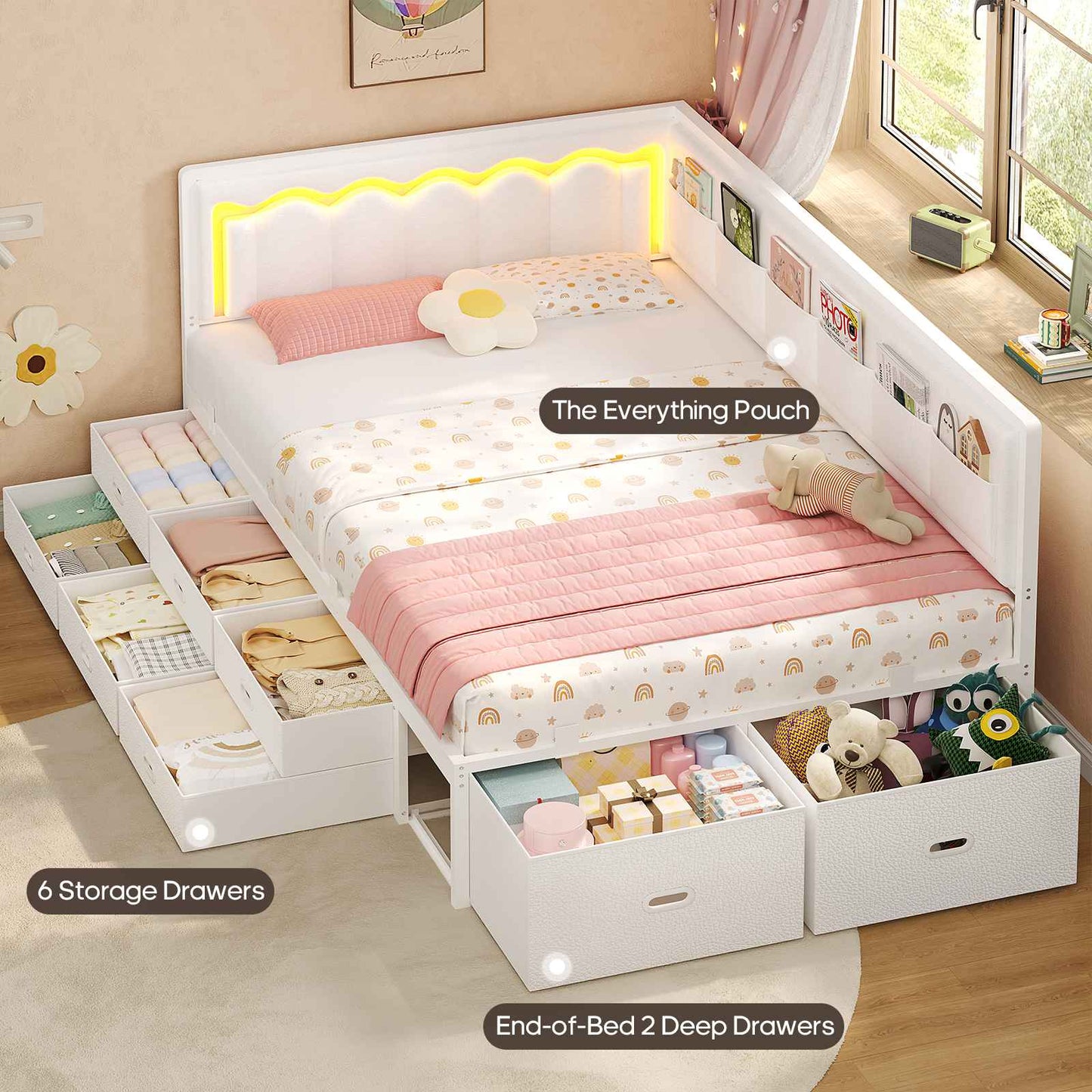 ADORNEVE Corner Bed Frame Twin size with 8 Drawers and 6 Storage Pockets Kids Daybed with RGB Wave Lights and L-Shaped Upholstered Guardrail
