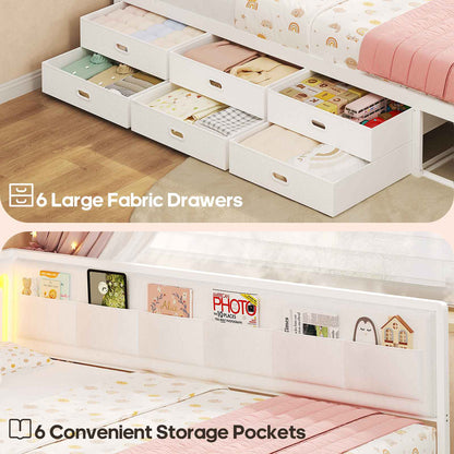 ADORNEVE Corner Bed Frame Twin size with 8 Drawers and 6 Storage Pockets Kids Daybed with RGB Wave Lights and L-Shaped Upholstered Guardrail