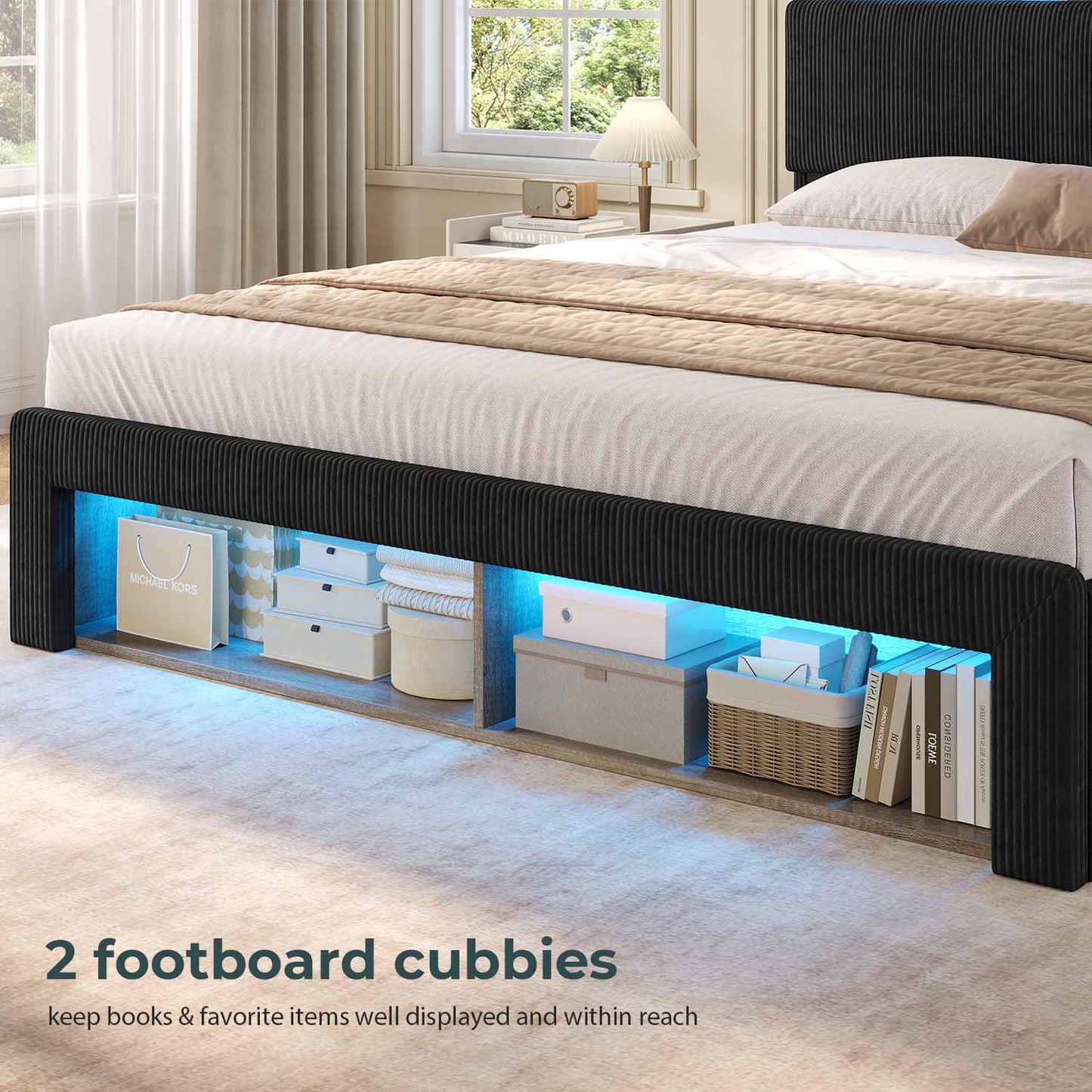 ADORNEVE Bed Frame with 4 Drawers and Footboard Headboard Cubbies Corduroy Upholstered Bed with Charging Station and RGB Lights
