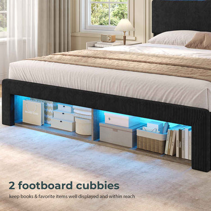 ADORNEVE Bed Frame with 4 Drawers and Footboard Headboard Cubbies Corduroy Upholstered Bed with Charging Station and RGB Lights