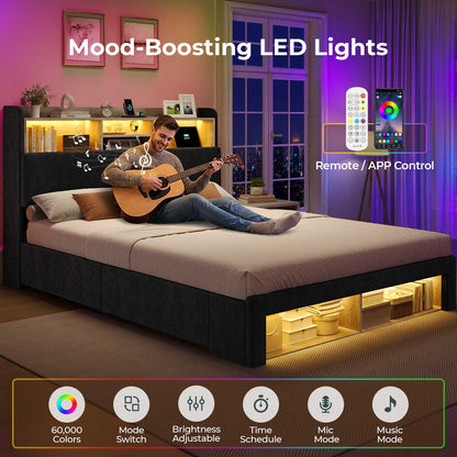ADORNEVE Bed Frame with 4 Drawers and Footboard Headboard Cubbies Corduroy Upholstered Bed with Charging Station and RGB Lights