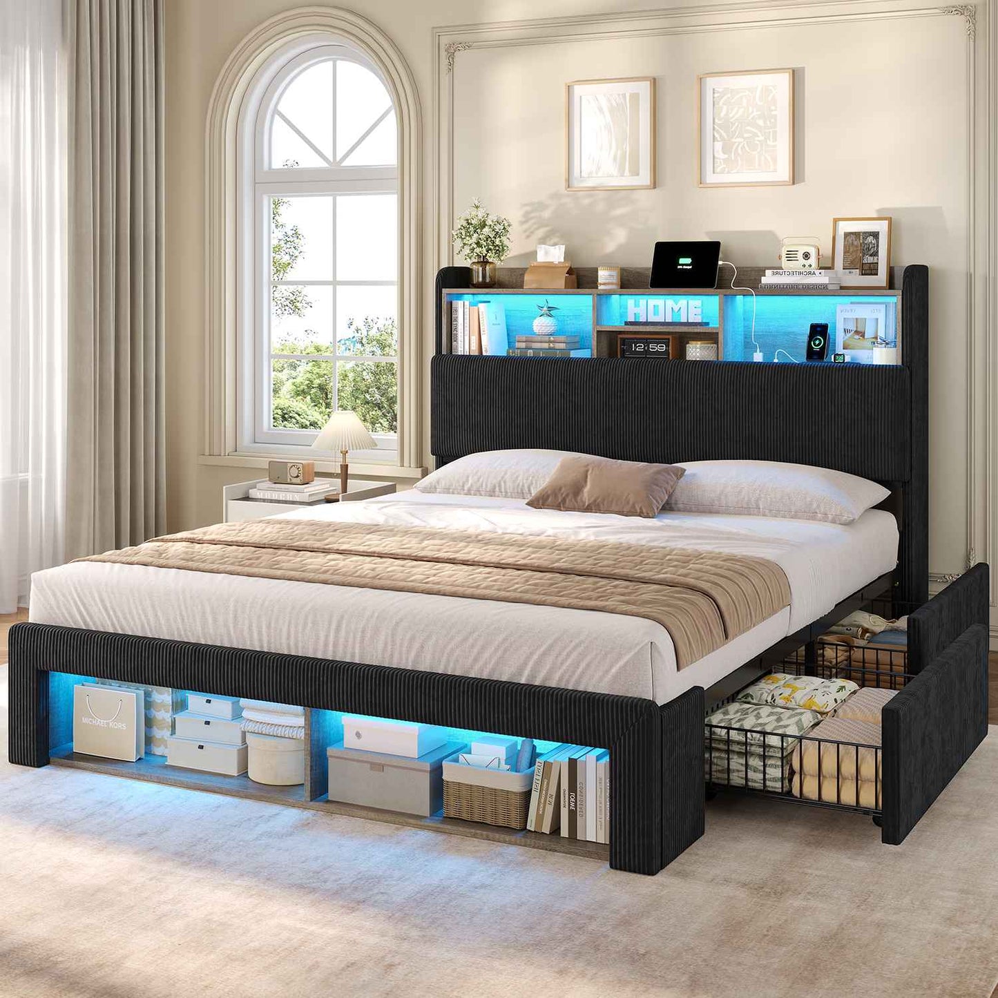 ADORNEVE Bed Frame with 4 Drawers and Footboard Headboard Cubbies Corduroy Upholstered Bed with Charging Station and RGB Lights