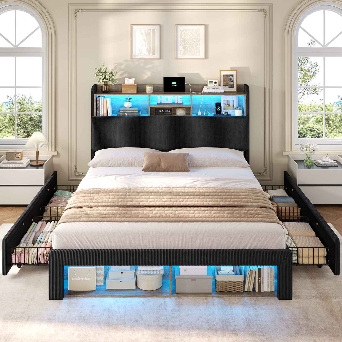 ADORNEVE Bed Frame with 4 Drawers and Footboard Headboard Cubbies Corduroy Upholstered Bed with Charging Station and RGB Lights