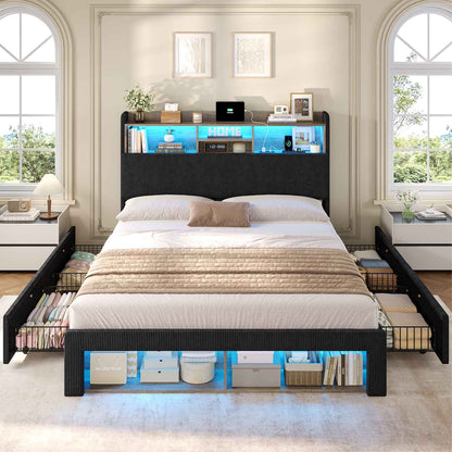 ADORNEVE Bed Frame with 4 Drawers and Footboard Headboard Cubbies Corduroy Upholstered Bed with Charging Station and RGB Lights