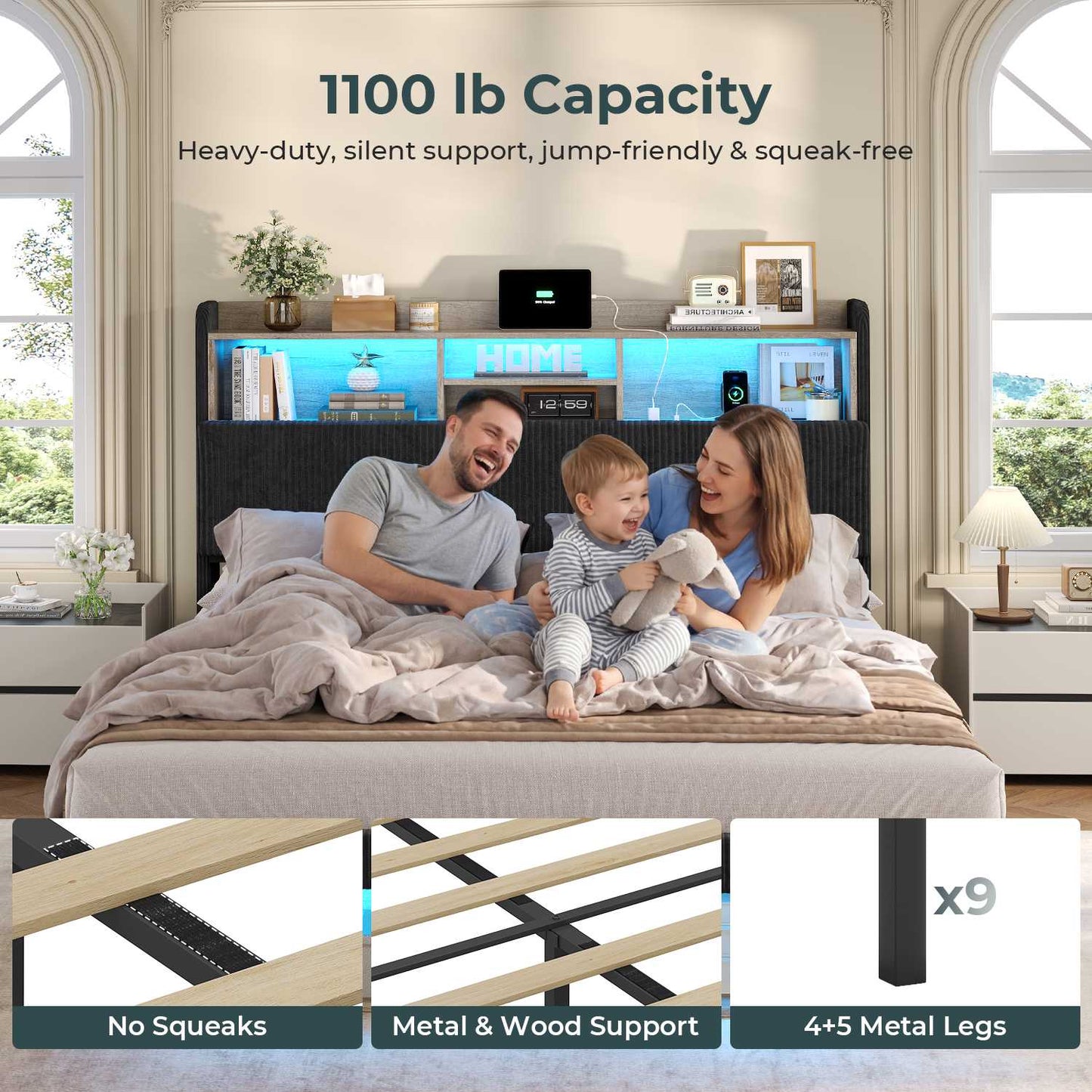 ADORNEVE Bed Frame with 4 Drawers and Footboard Headboard Cubbies Corduroy Upholstered Bed with Charging Station and RGB Lights