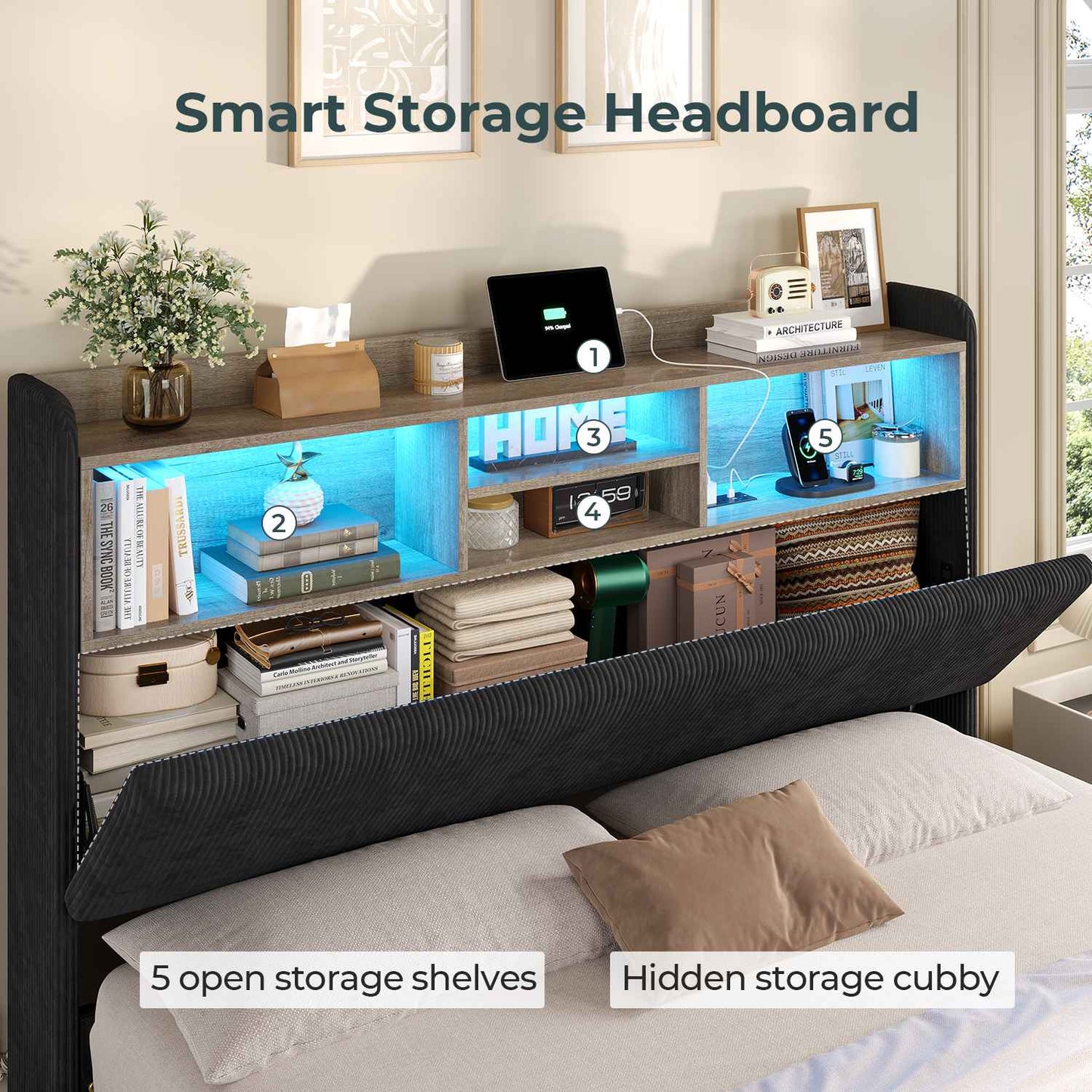 ADORNEVE Bed Frame with 4 Drawers and Footboard Headboard Cubbies Corduroy Upholstered Bed with Charging Station and RGB Lights