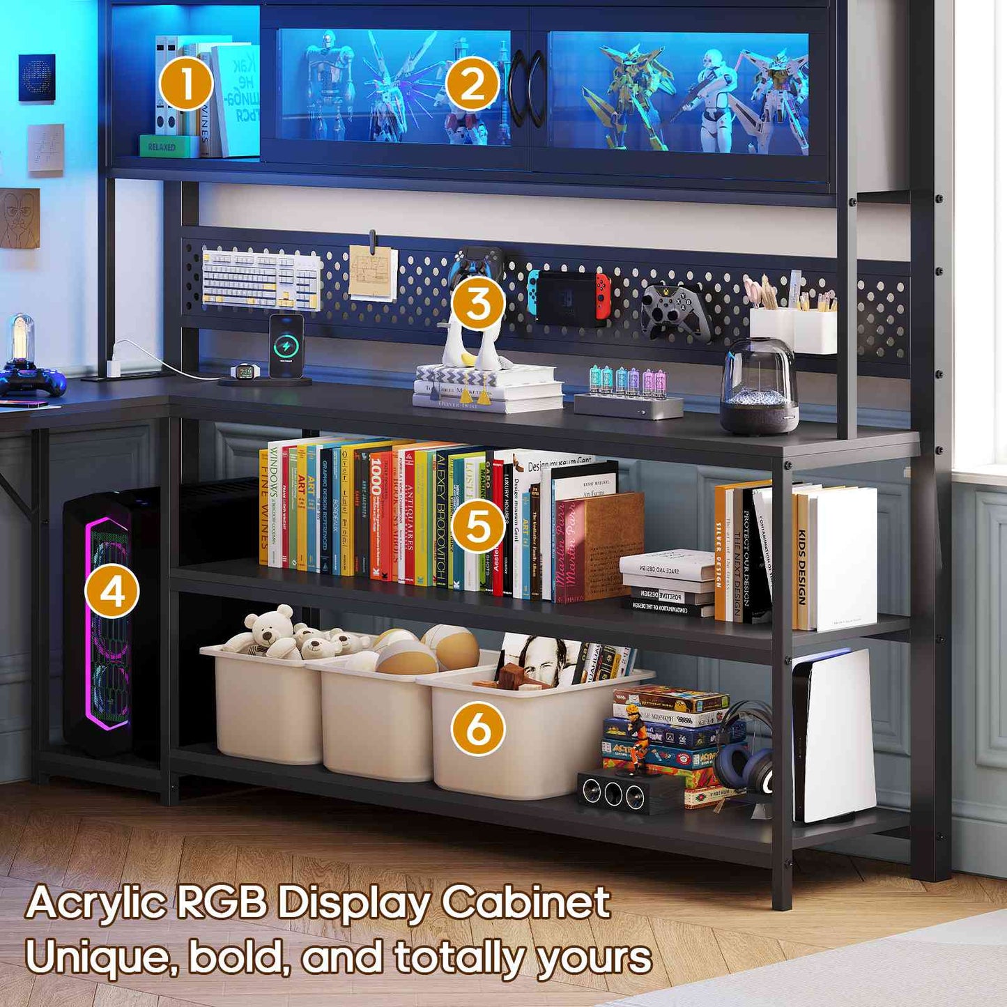 ADORNEVE Gaming Loft Bed Full Size with Desk and RGB Hutch Charging Station Metal Teen Loft Bed with Storage Drawer and Guardrail Ladder
