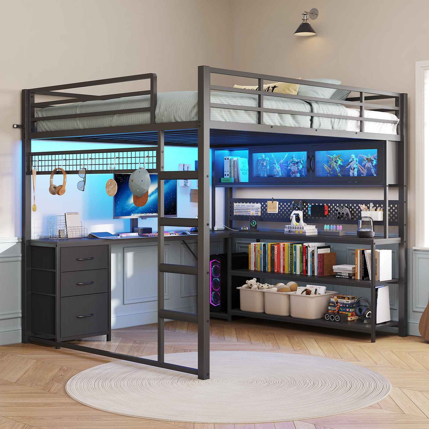 ADORNEVE Gaming Loft Bed Full Size with Desk and RGB Hutch Charging Station Metal Teen Loft Bed with Storage Drawer and Guardrail Ladder