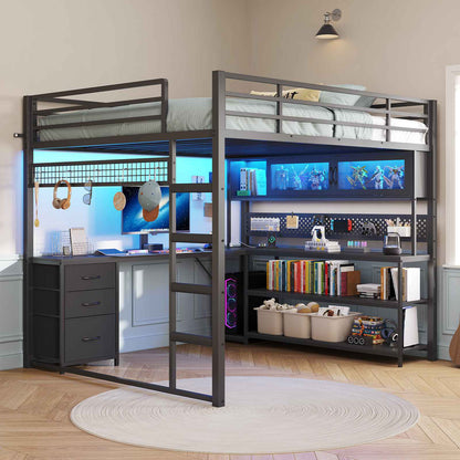 ADORNEVE Gaming Loft Bed Full Size with Desk and RGB Hutch Charging Station Metal Teen Loft Bed with Storage Drawer and Guardrail Ladder