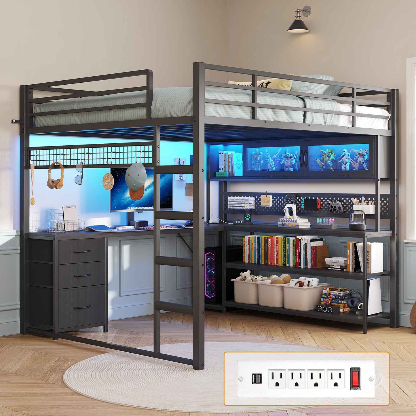 ADORNEVE Gaming Loft Bed Full Size with Desk and RGB Hutch Charging Station Metal Teen Loft Bed with Storage Drawer and Guardrail Ladder