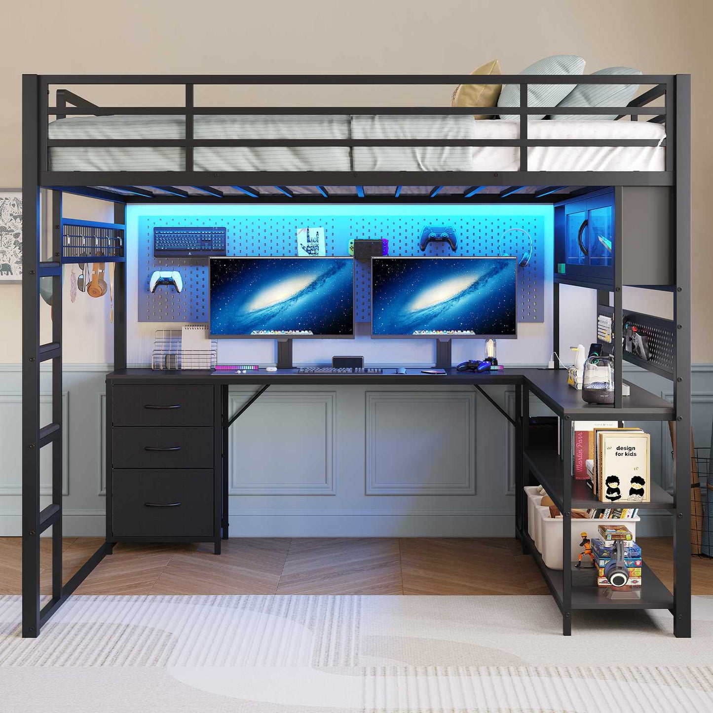 ADORNEVE Gaming Loft Bed Full Size with Desk and RGB Hutch Charging Station Metal Teen Loft Bed with Storage Drawer and Guardrail Ladder