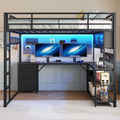 ADORNEVE Gaming Loft Bed Full Size with Desk and RGB Hutch Charging Station Metal Teen Loft Bed with Storage Drawer and Guardrail Ladder