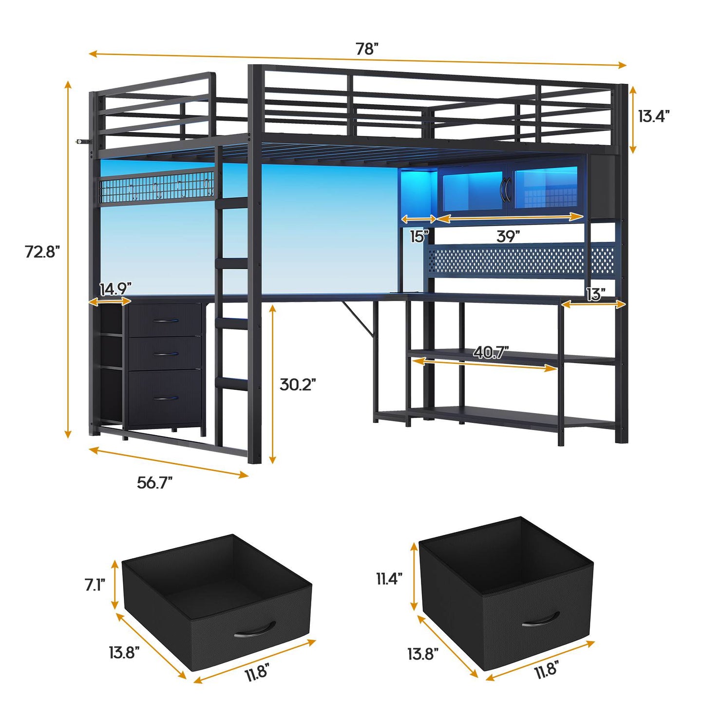 ADORNEVE Gaming Loft Bed Full Size with Desk and RGB Hutch Charging Station Metal Teen Loft Bed with Storage Drawer and Guardrail Ladder