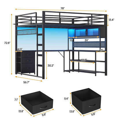 ADORNEVE Gaming Loft Bed Full Size with Desk and RGB Hutch Charging Station Metal Teen Loft Bed with Storage Drawer and Guardrail Ladder