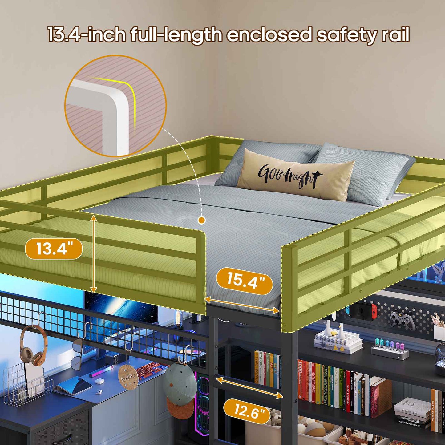 ADORNEVE Gaming Loft Bed Full Size with Desk and RGB Hutch Charging Station Metal Teen Loft Bed with Storage Drawer and Guardrail Ladder