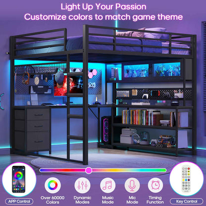 ADORNEVE Gaming Loft Bed Full Size with Desk and RGB Hutch Charging Station Metal Teen Loft Bed with Storage Drawer and Guardrail Ladder