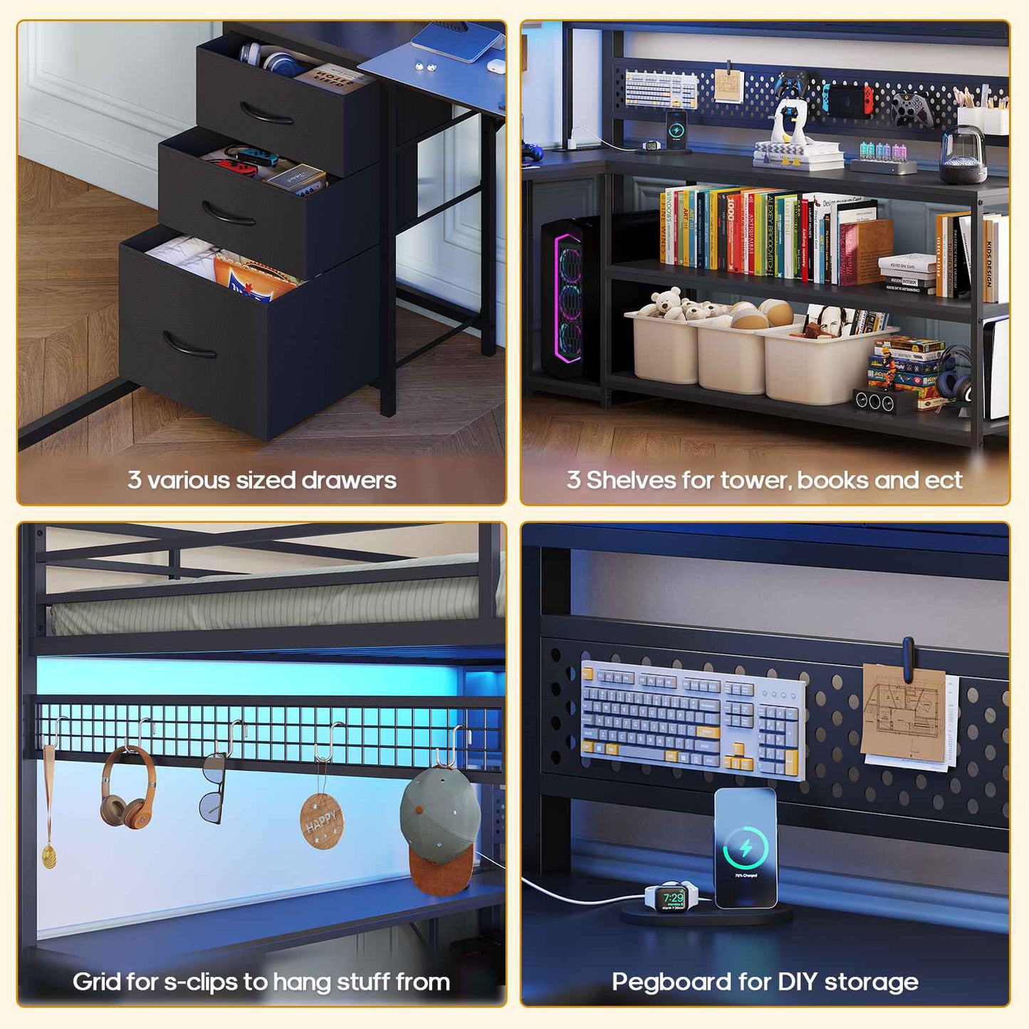 ADORNEVE Gaming Loft Bed Full Size with Desk and RGB Hutch Charging Station Metal Teen Loft Bed with Storage Drawer and Guardrail Ladder