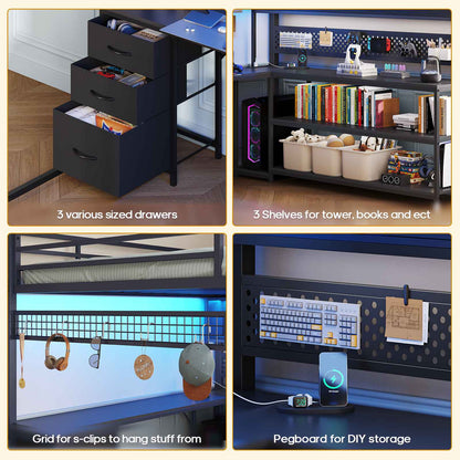 ADORNEVE Gaming Loft Bed Full Size with Desk and RGB Hutch Charging Station Metal Teen Loft Bed with Storage Drawer and Guardrail Ladder