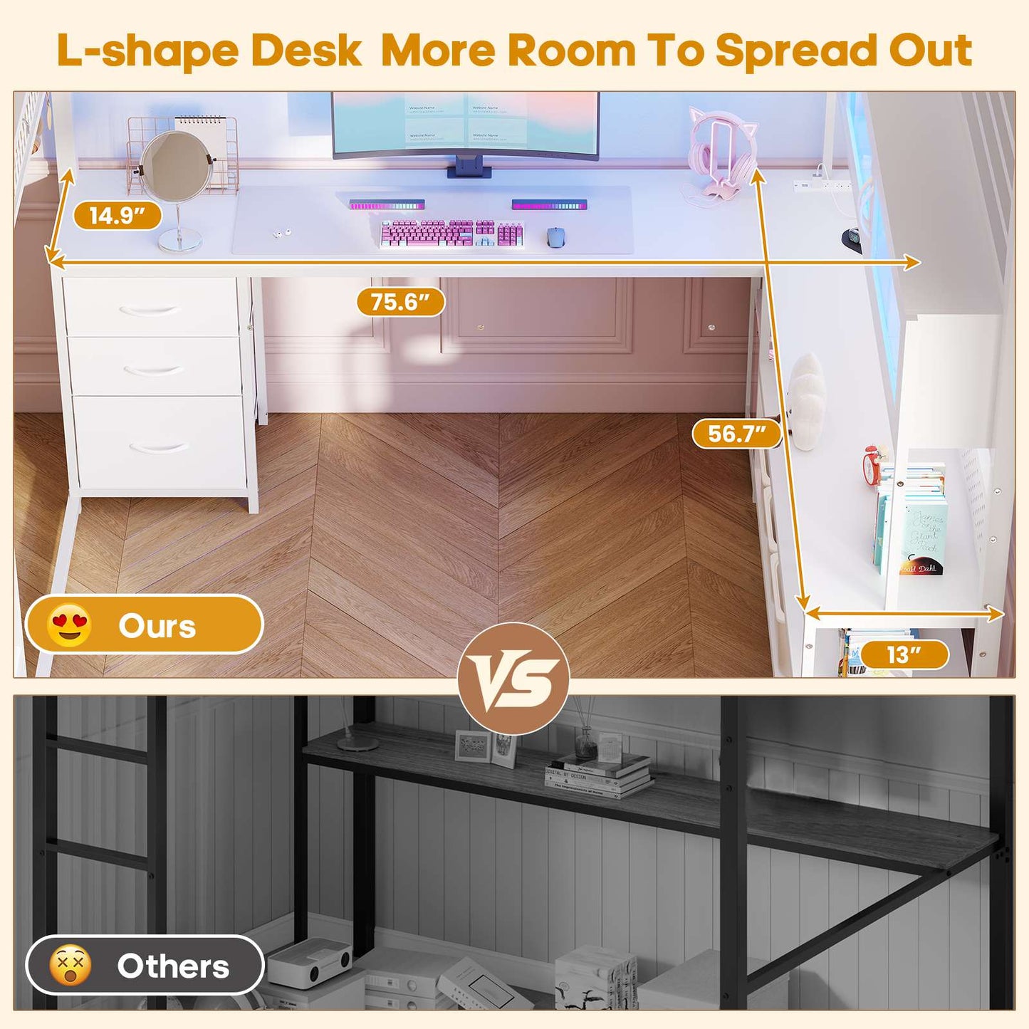 ADORNEVE Gaming Loft Bed Full Size with Desk and RGB Hutch Charging Station Metal Teen Loft Bed with Storage Drawer and Guardrail Ladder