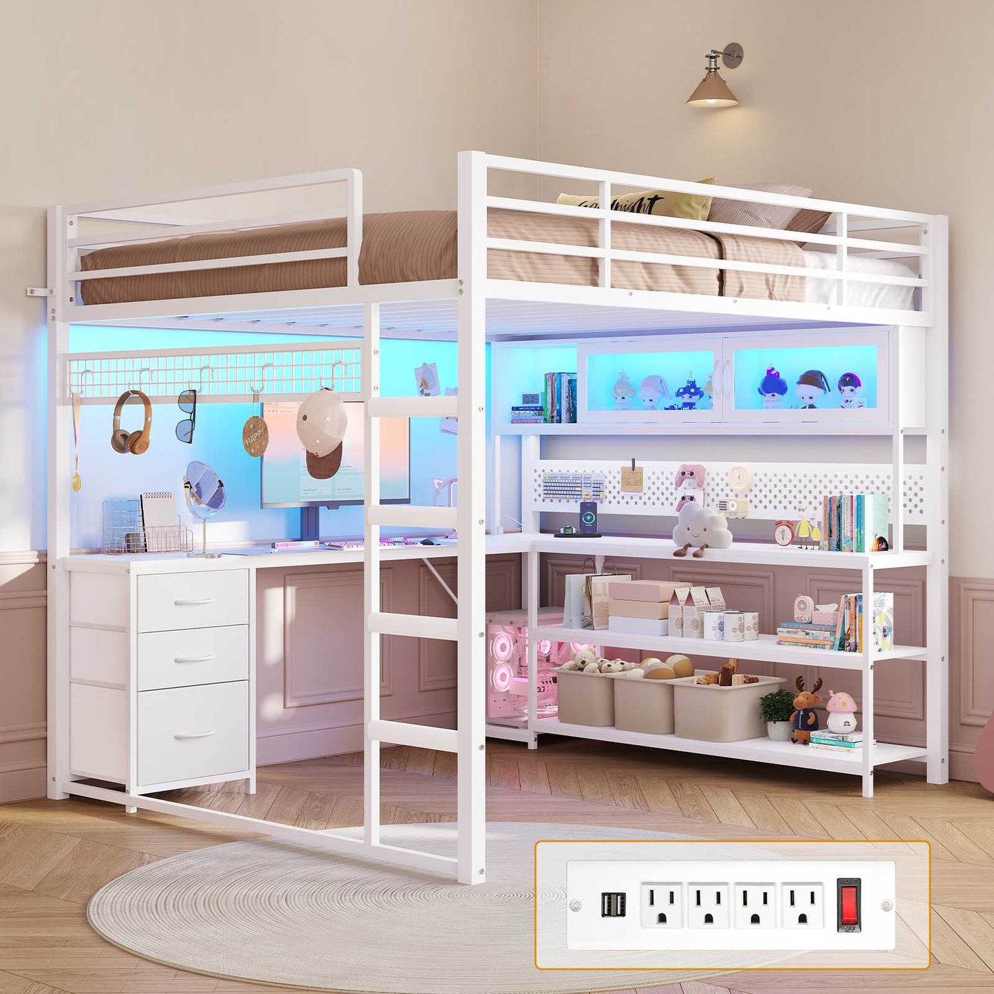 ADORNEVE Gaming Loft Bed Full Size with Desk and RGB Hutch Charging Station Metal Teen Loft Bed with Storage Drawer and Guardrail Ladder