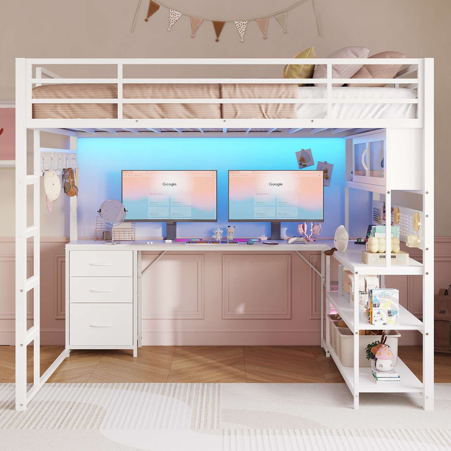 ADORNEVE Gaming Loft Bed Full Size with Desk and RGB Hutch Charging Station Metal Teen Loft Bed with Storage Drawer and Guardrail Ladder