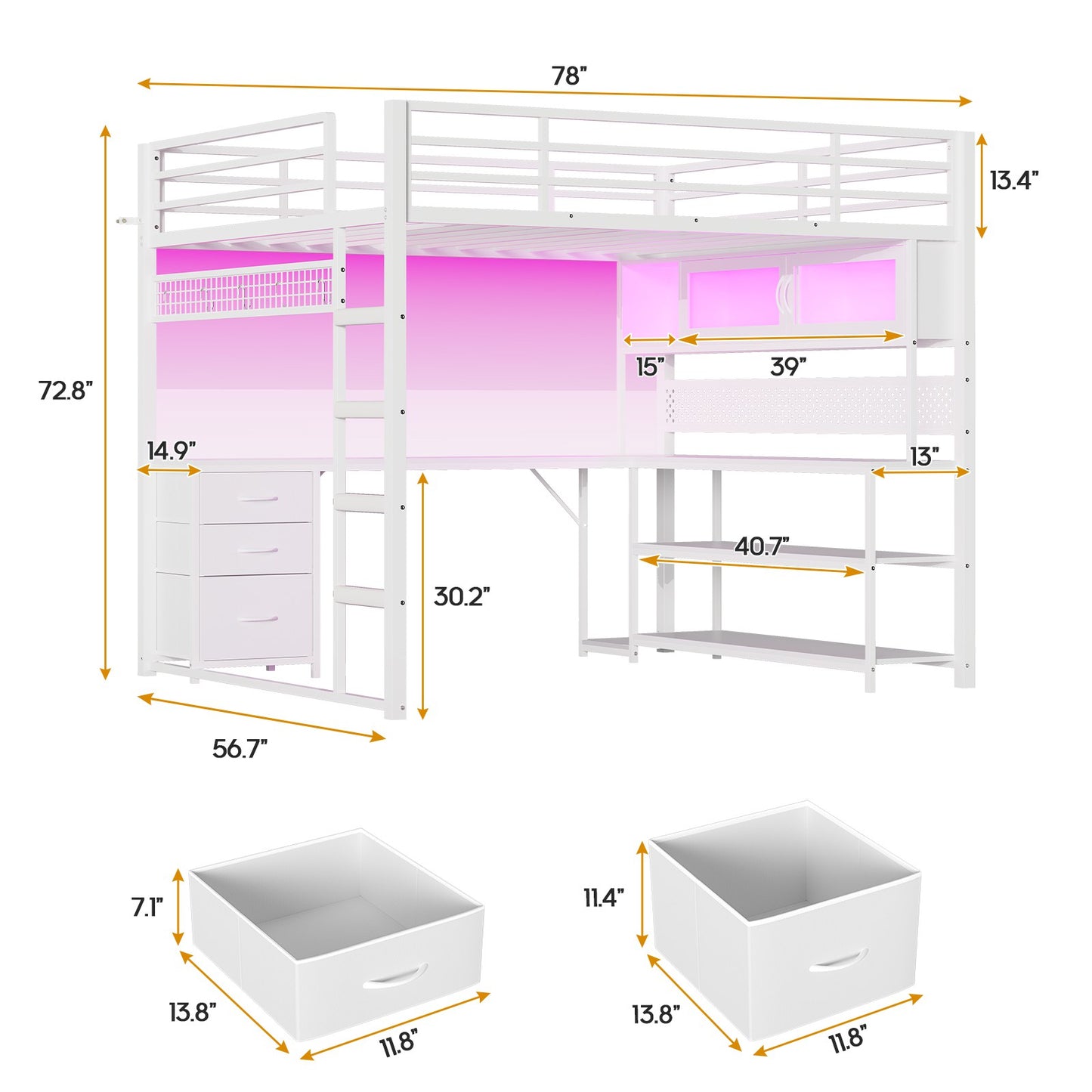 ADORNEVE Gaming Loft Bed Full Size with Desk and RGB Hutch Charging Station Metal Teen Loft Bed with Storage Drawer and Guardrail Ladder