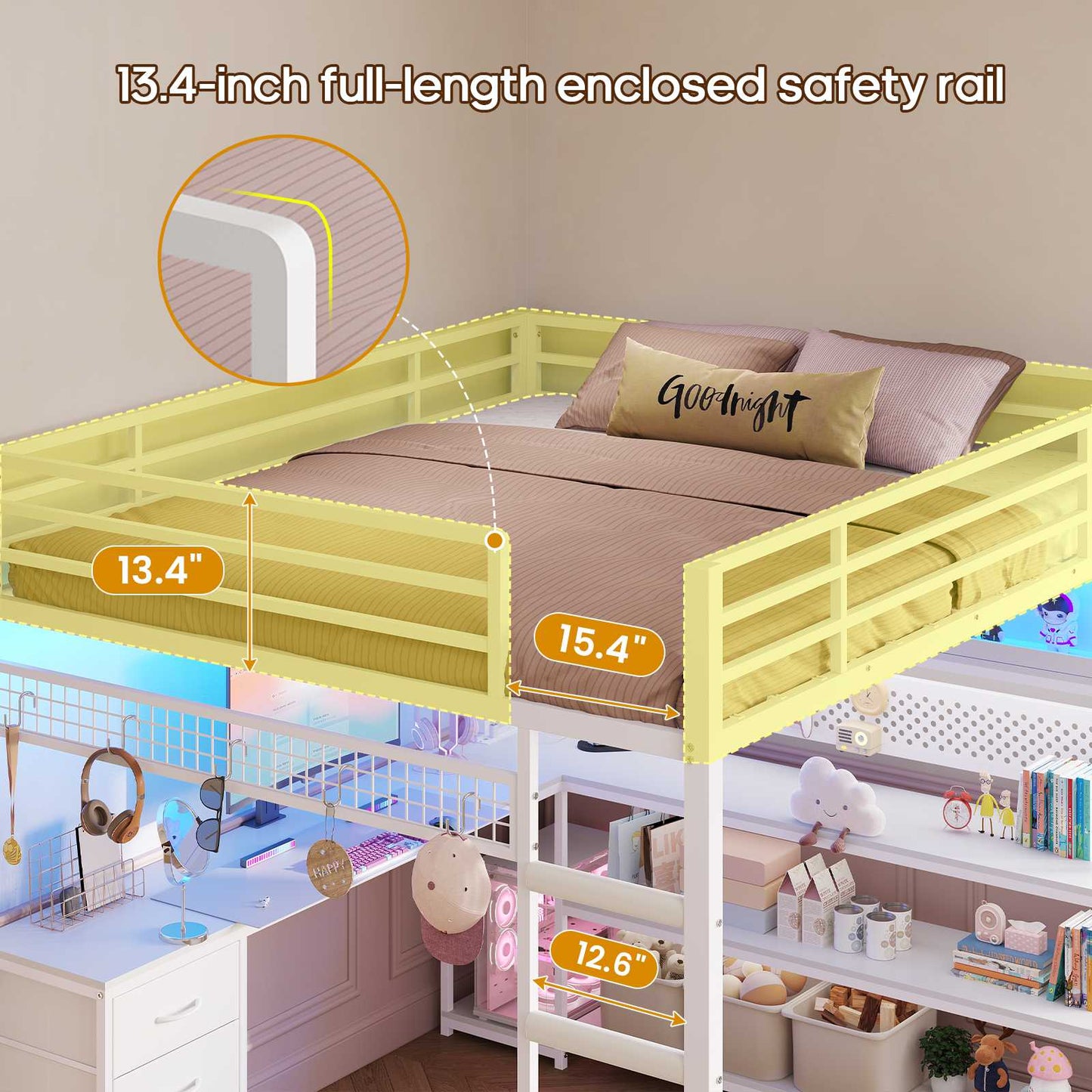 ADORNEVE Gaming Loft Bed Full Size with Desk and RGB Hutch Charging Station Metal Teen Loft Bed with Storage Drawer and Guardrail Ladder