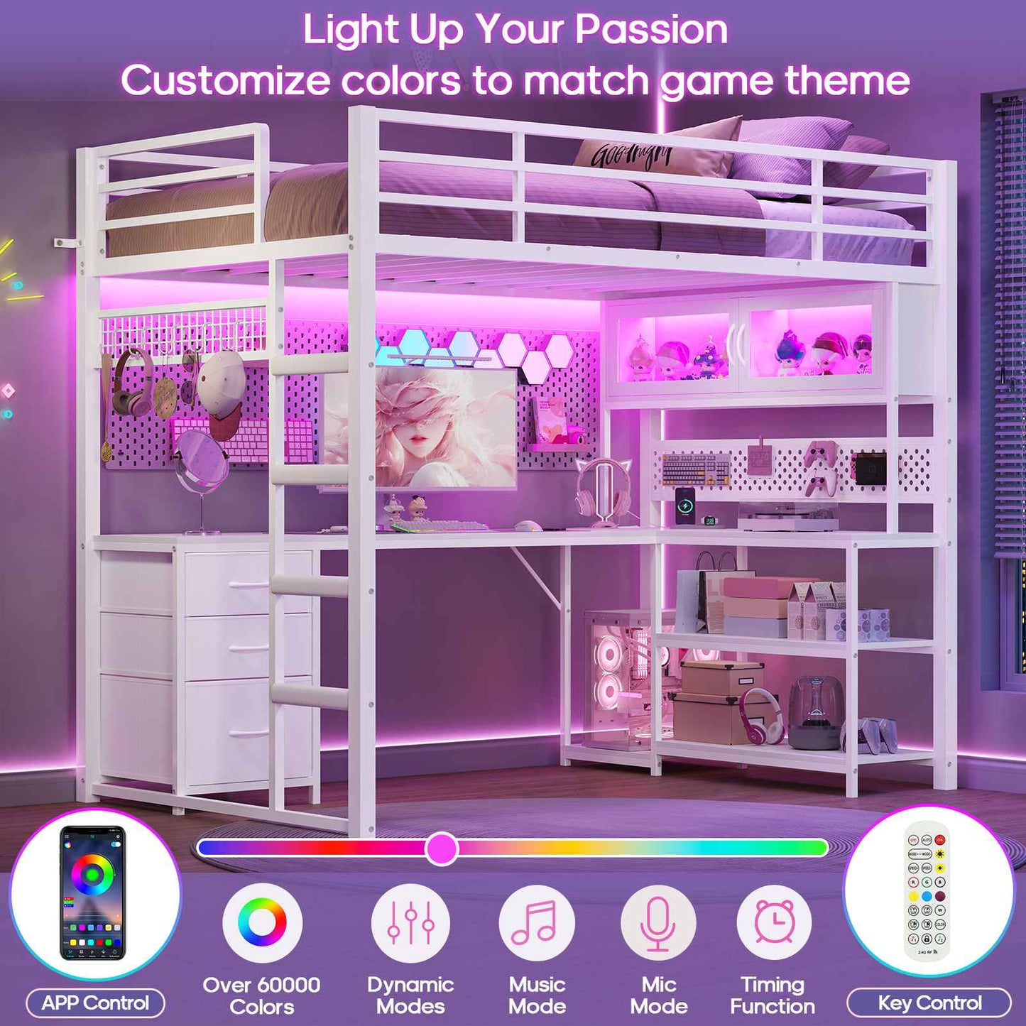 ADORNEVE Gaming Loft Bed Full Size with Desk and RGB Hutch Charging Station Metal Teen Loft Bed with Storage Drawer and Guardrail Ladder