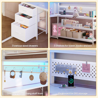 ADORNEVE Gaming Loft Bed Full Size with Desk and RGB Hutch Charging Station Metal Teen Loft Bed with Storage Drawer and Guardrail Ladder