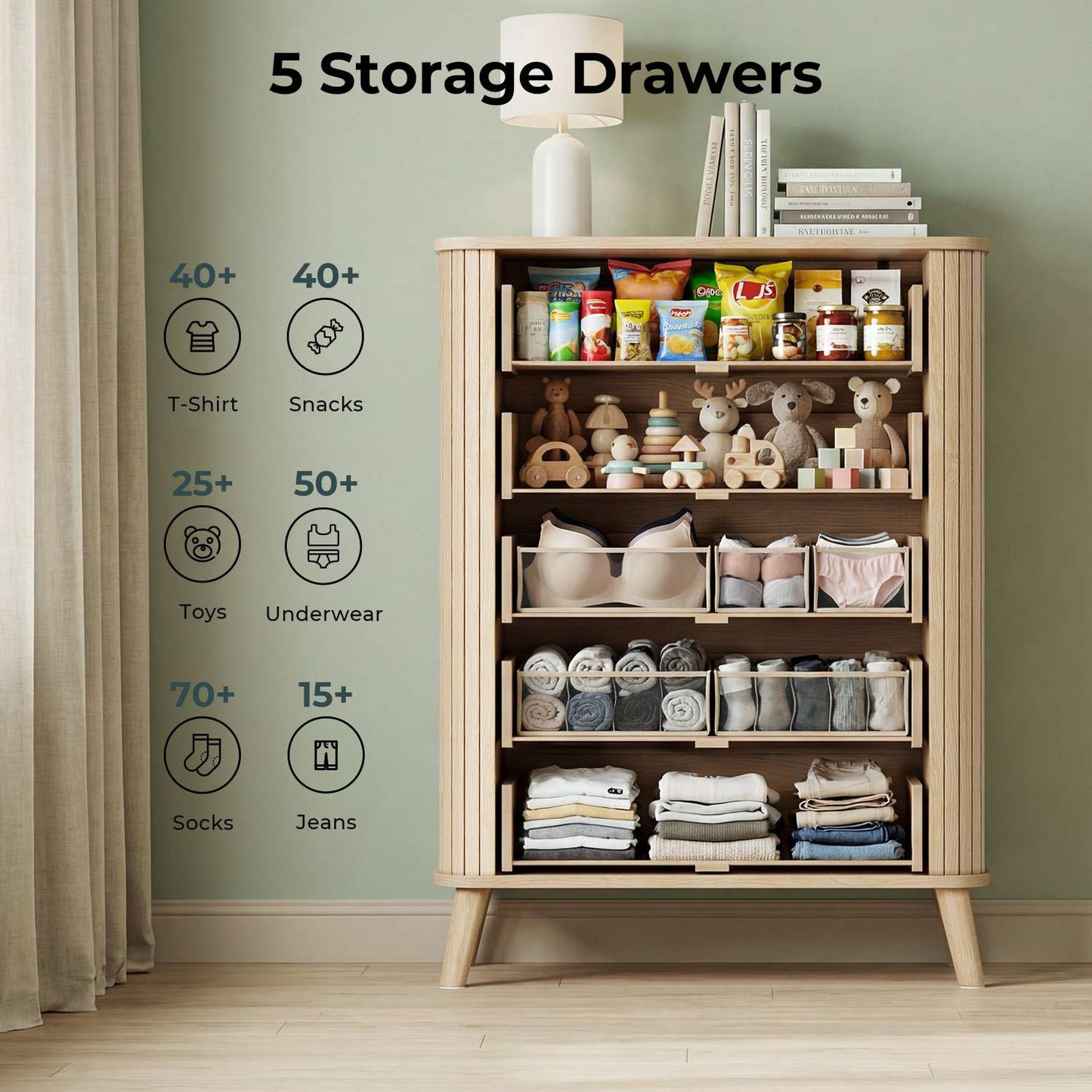 ADORNEVE Tall Chest of Drawers with 5 Drawers for Bedroom Wood Closet Clothes Storage Organizer for Living Room Hallway