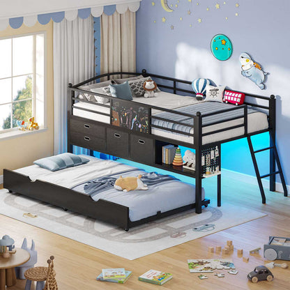 ADORNEVE Loft Bed Twin Size with Trundle and LED Lights Kids Loft Bed with 4 Drawers and DIY Pegboard Loft Bed with Guardrail Under-Bed Play Zone